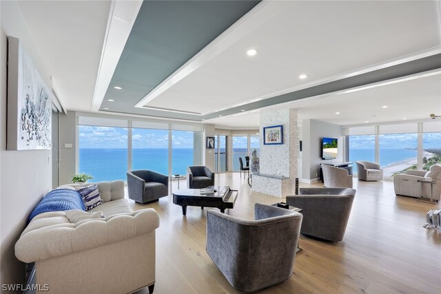 living room with floor to ceiling windows, plenty of natural light, and light wood-type flooring