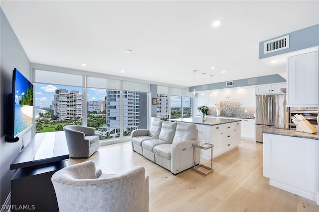 living room featuring sink and light hardwood / wood-style floors