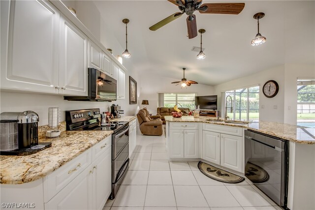 kitchen featuring hanging light fixtures, white cabinetry, ceiling fan, and range with electric cooktop