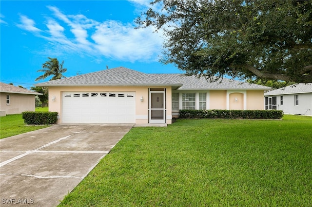 single story home with a garage and a front yard