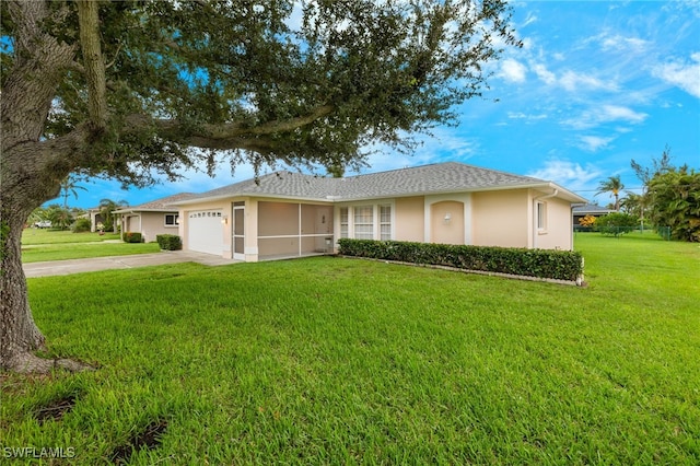 ranch-style home with a garage and a front yard