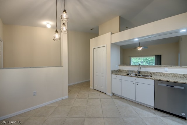 kitchen featuring white cabinetry, dishwasher, light stone countertops, pendant lighting, and sink