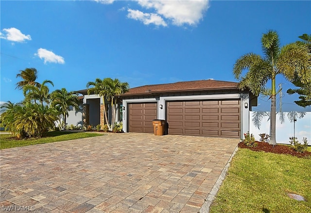 single story home with a garage and a front lawn