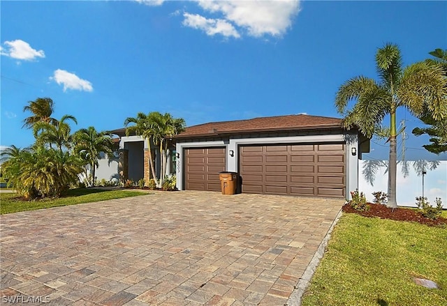 view of front of property with decorative driveway, an attached garage, and stucco siding