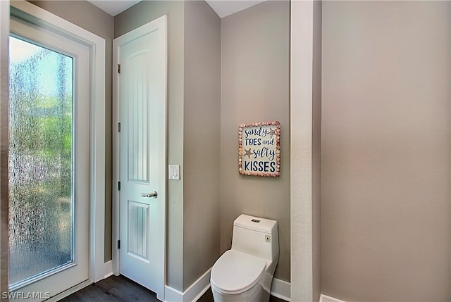 bathroom with toilet and hardwood / wood-style floors