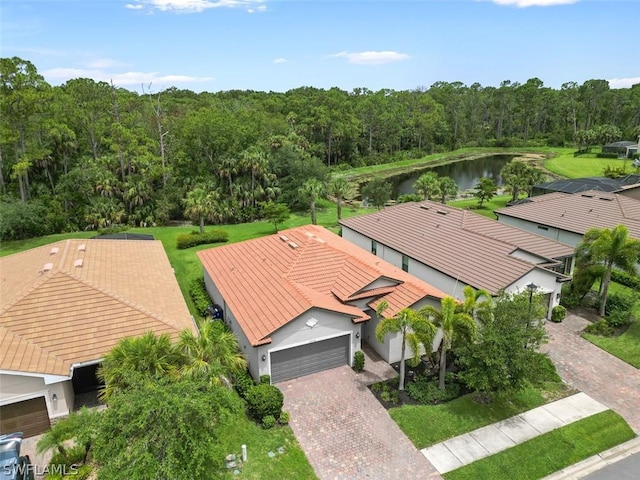 drone / aerial view featuring a water view