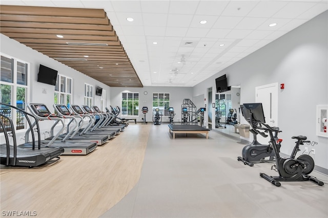 workout area featuring hardwood / wood-style floors and a drop ceiling