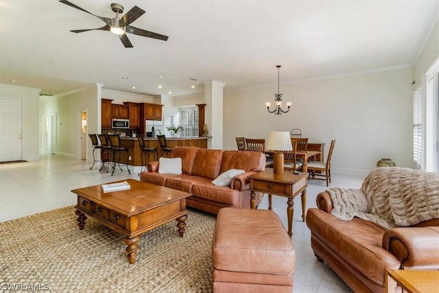 living room with crown molding, baseboards, light tile patterned floors, recessed lighting, and ceiling fan with notable chandelier