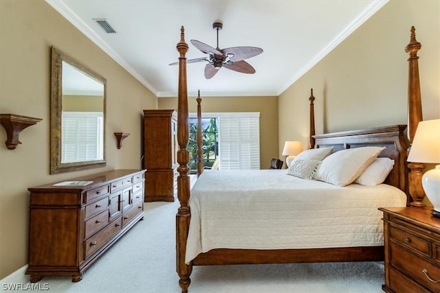 bedroom with light colored carpet, visible vents, ornamental molding, ceiling fan, and baseboards