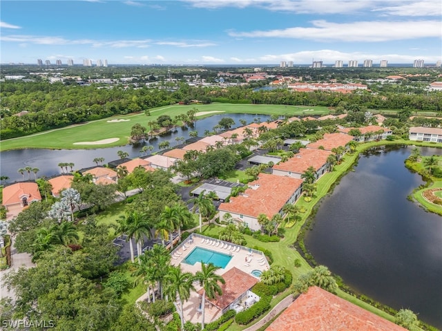 birds eye view of property featuring a water view