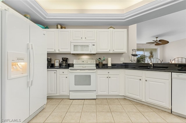 kitchen featuring ceiling fan, white cabinets, white appliances, sink, and light tile patterned floors