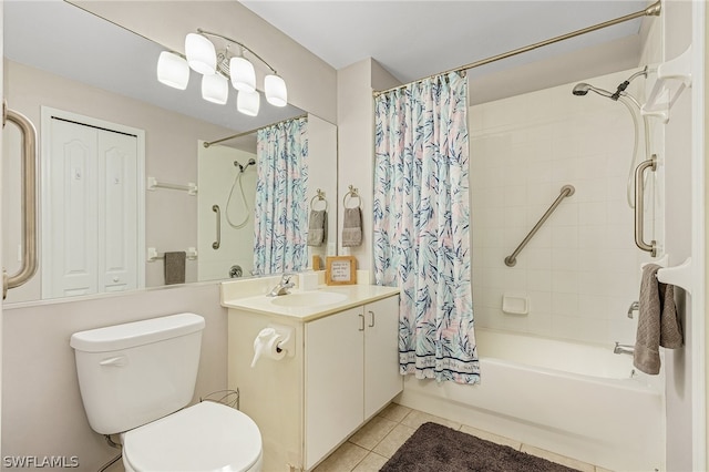 full bathroom with shower / bath combo with shower curtain, tile patterned floors, toilet, and vanity