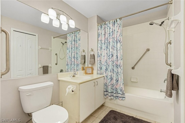 full bathroom featuring vanity, tile patterned flooring, toilet, and shower / bath combo with shower curtain