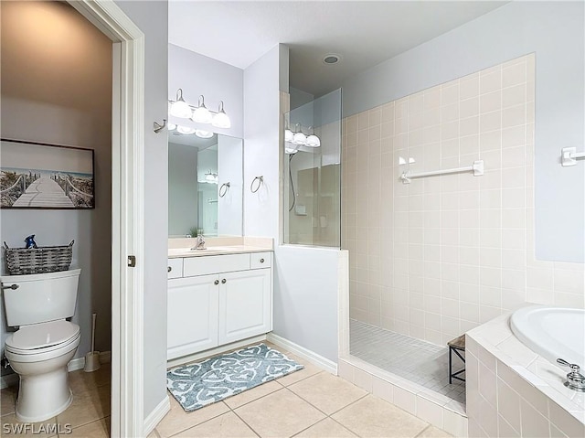 full bathroom featuring tile patterned flooring, vanity, toilet, and plus walk in shower