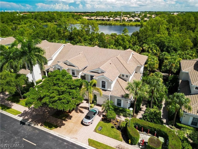 bird's eye view with a water view