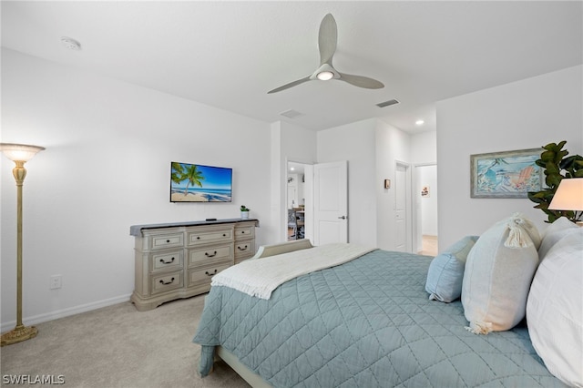 bedroom featuring ceiling fan and light colored carpet