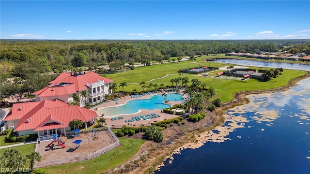 aerial view featuring a water view