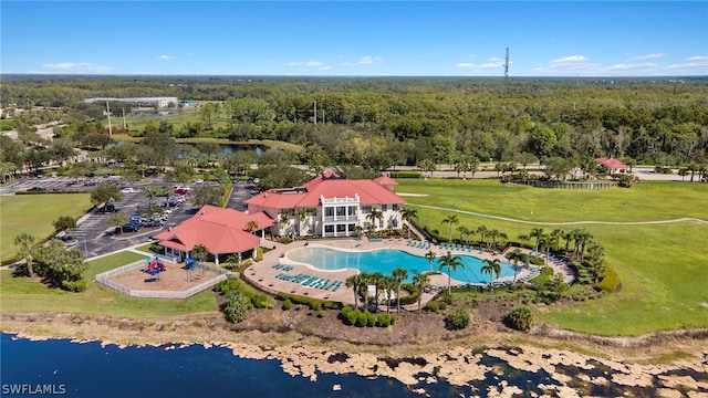 birds eye view of property featuring a water view