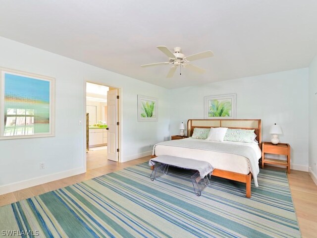 bedroom with light hardwood / wood-style floors and ceiling fan