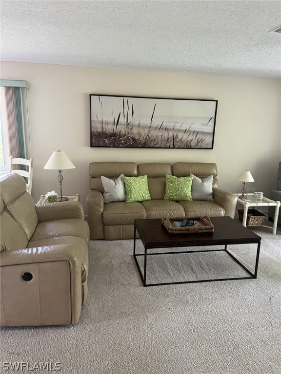 living room featuring light colored carpet and a textured ceiling