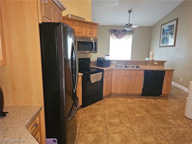 kitchen featuring light tile patterned flooring, kitchen peninsula, ceiling fan, black appliances, and sink