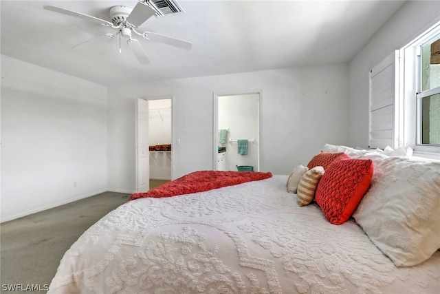 bedroom featuring a spacious closet, a closet, ceiling fan, and carpet