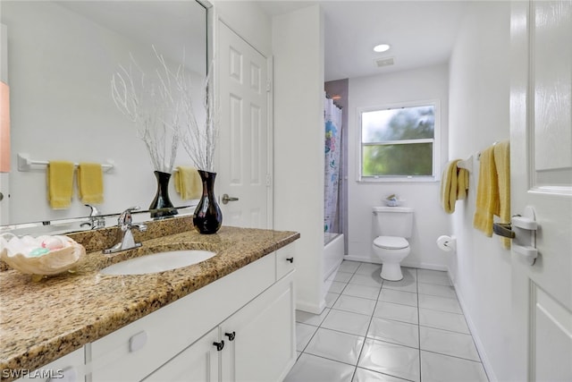 full bathroom with shower / bathtub combination with curtain, vanity, tile patterned floors, and toilet