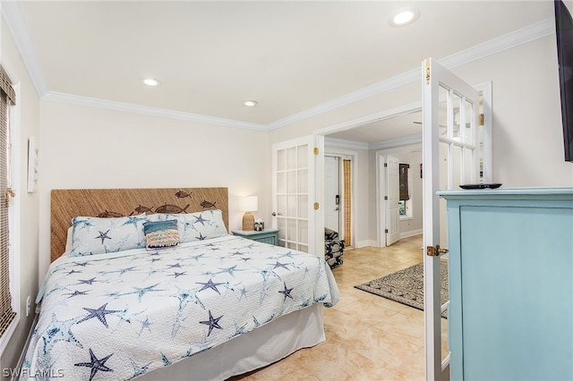 bedroom with ornamental molding, light tile patterned floors, and french doors