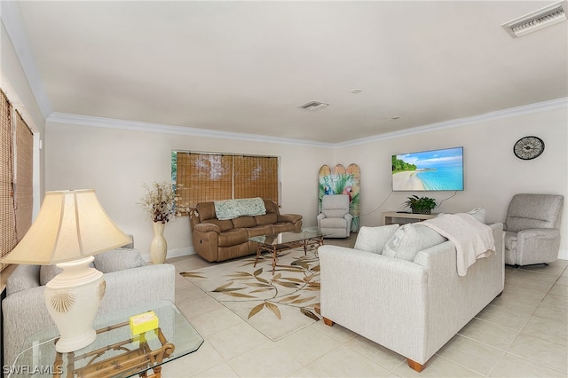 tiled living room featuring crown molding