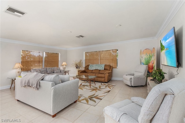 tiled living room featuring ornamental molding