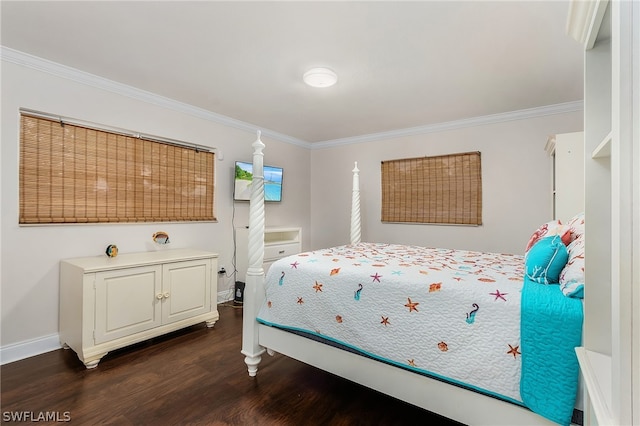 bedroom featuring dark hardwood / wood-style flooring and ornamental molding