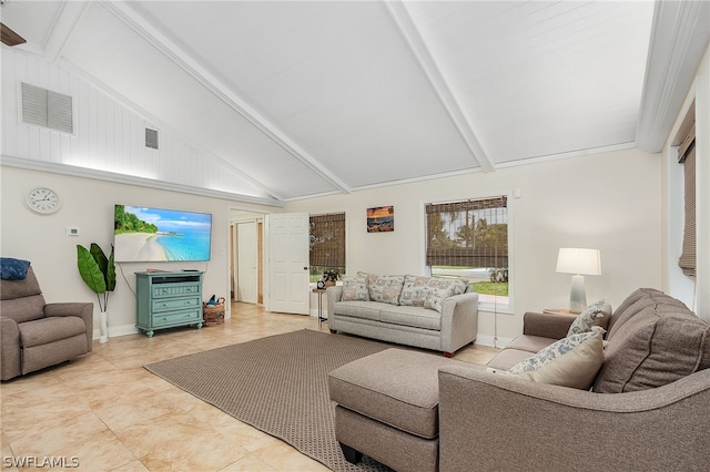 living room featuring high vaulted ceiling and beamed ceiling