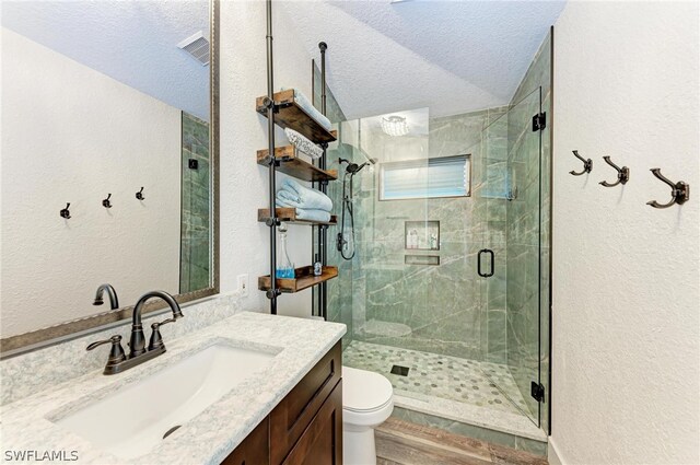 bathroom with a textured ceiling, a shower with shower door, vanity, and toilet