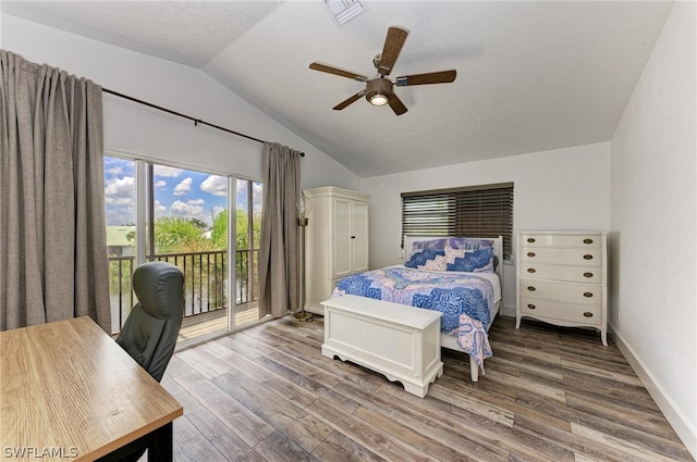 bedroom with lofted ceiling, access to exterior, ceiling fan, and hardwood / wood-style flooring