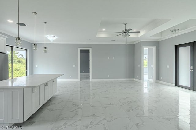 interior space with a raised ceiling, ornamental molding, and ceiling fan