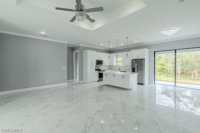 kitchen with white cabinetry, a center island, hanging light fixtures, appliances with stainless steel finishes, and a tray ceiling