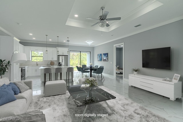 living room with sink, a tray ceiling, ornamental molding, and ceiling fan