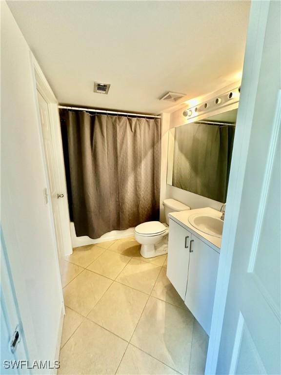 full bath featuring tile patterned floors, visible vents, toilet, and vanity