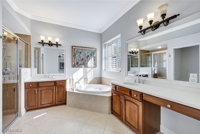 bathroom featuring vanity, ornamental molding, and independent shower and bath