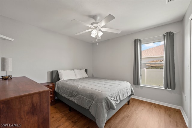 bedroom featuring ceiling fan and wood-type flooring