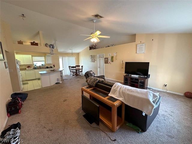 living room featuring high vaulted ceiling, tile patterned flooring, and ceiling fan