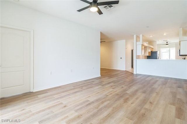 unfurnished living room with ceiling fan and light hardwood / wood-style flooring