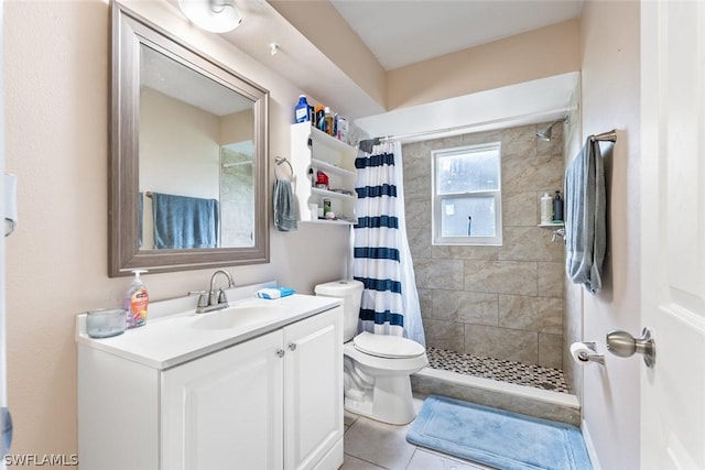 full bath with toilet, a shower stall, vanity, and tile patterned floors