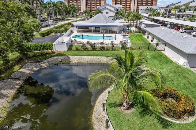 aerial view featuring a water view