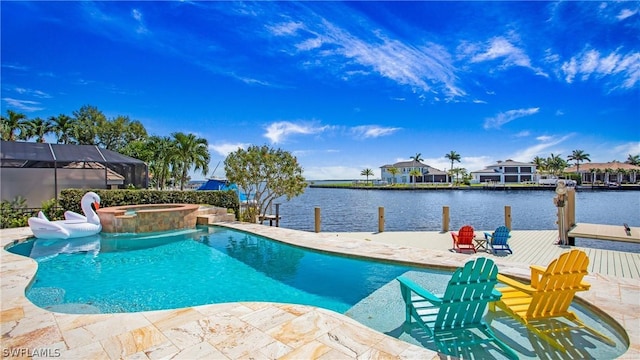 view of pool with a dock, a water view, an in ground hot tub, and a patio area