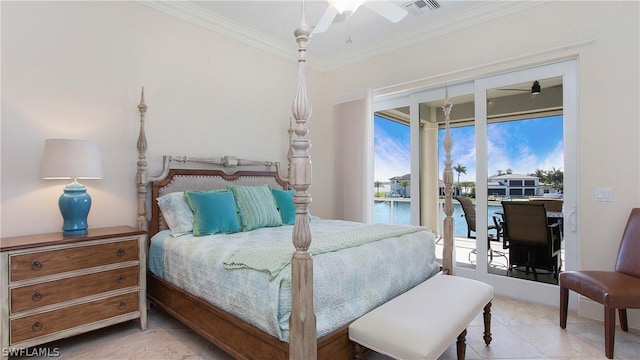 bedroom featuring ceiling fan, crown molding, access to exterior, and a water view