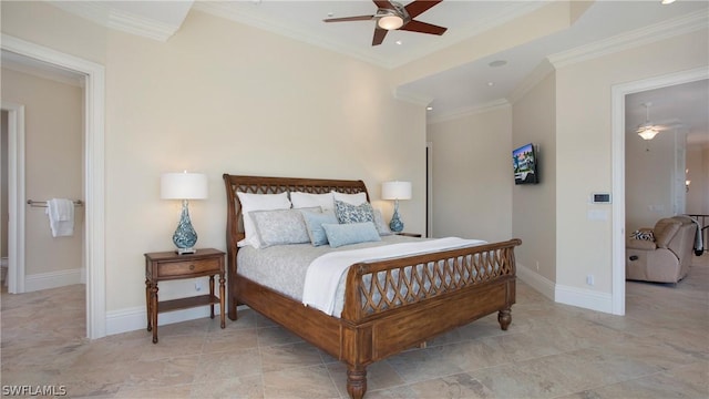 bedroom with ceiling fan and crown molding