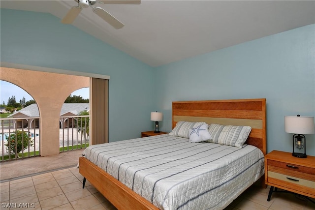 tiled bedroom with ceiling fan, lofted ceiling, and access to exterior