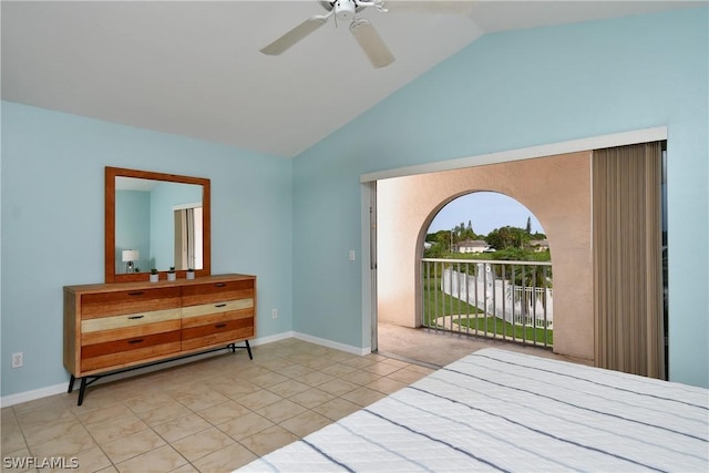 bedroom with ceiling fan, lofted ceiling, light tile patterned floors, and access to outside