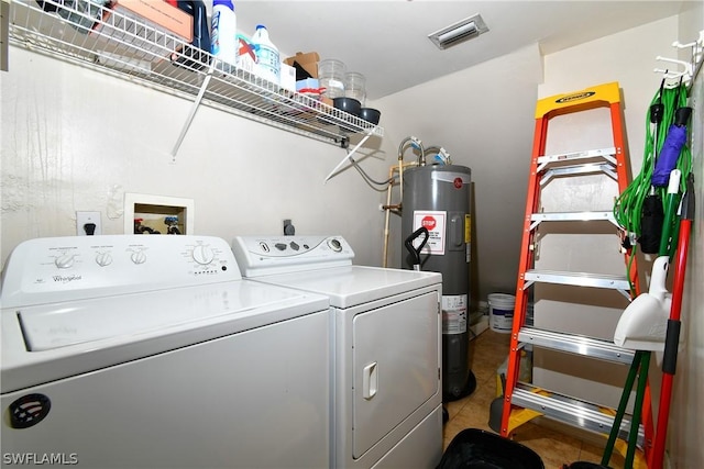 washroom featuring washing machine and clothes dryer and electric water heater